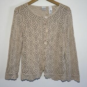 Emma James Womens Large Linen Blend Open Knit Cardigan Button Scallop Hem Tan